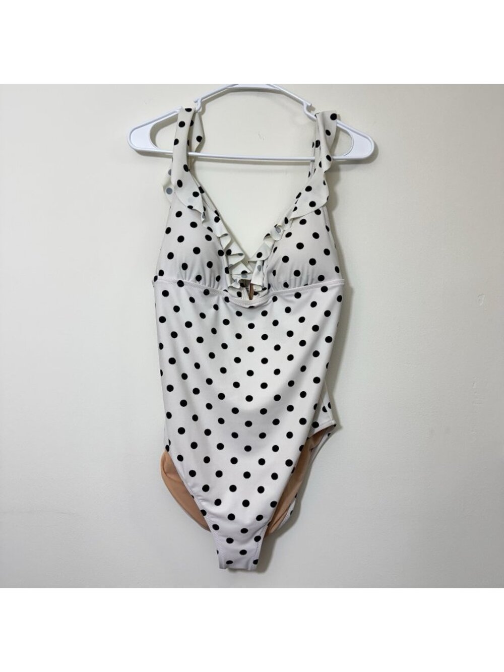 J Crew Women’s Ruffle Shoulder V-Neck One Piece Swimsuit Size L Polka Dot Padded